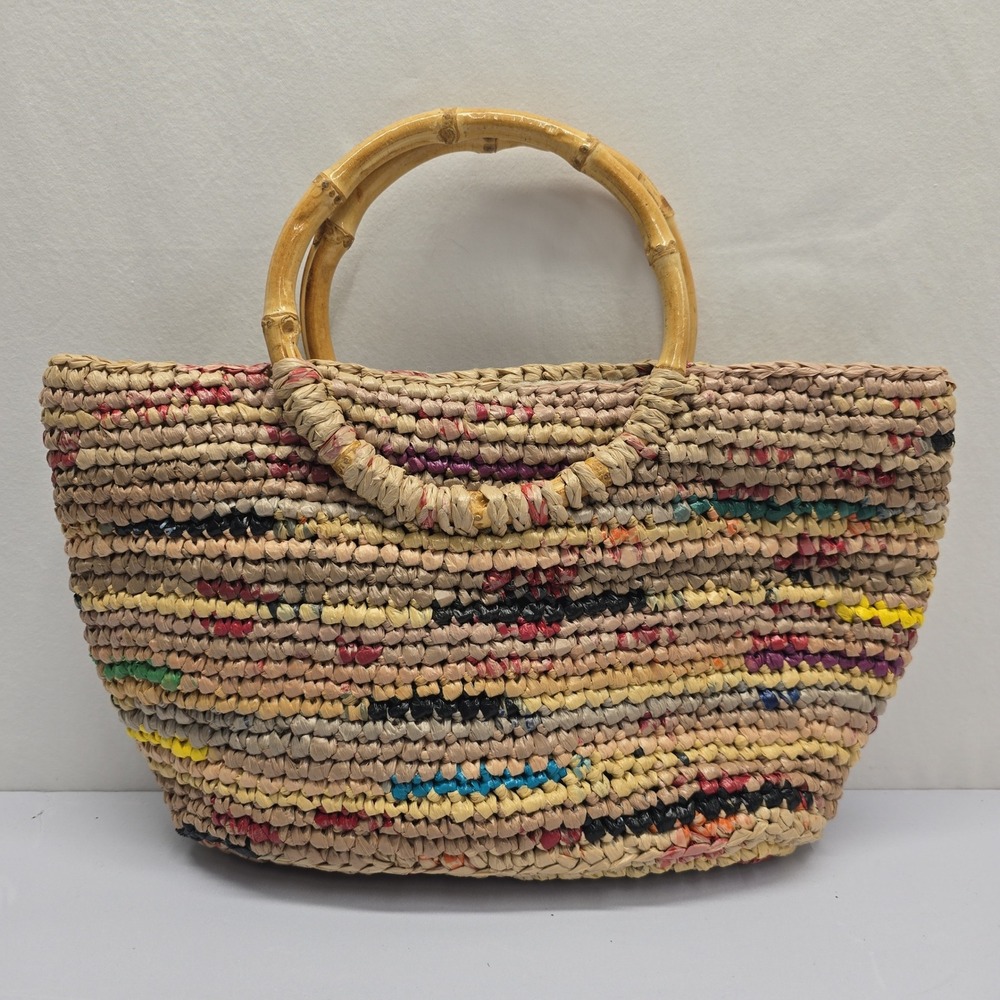 Vintage Plastic Woven Tote Bag Bamboo Top Handle Multi Color Boho Beach Bag
